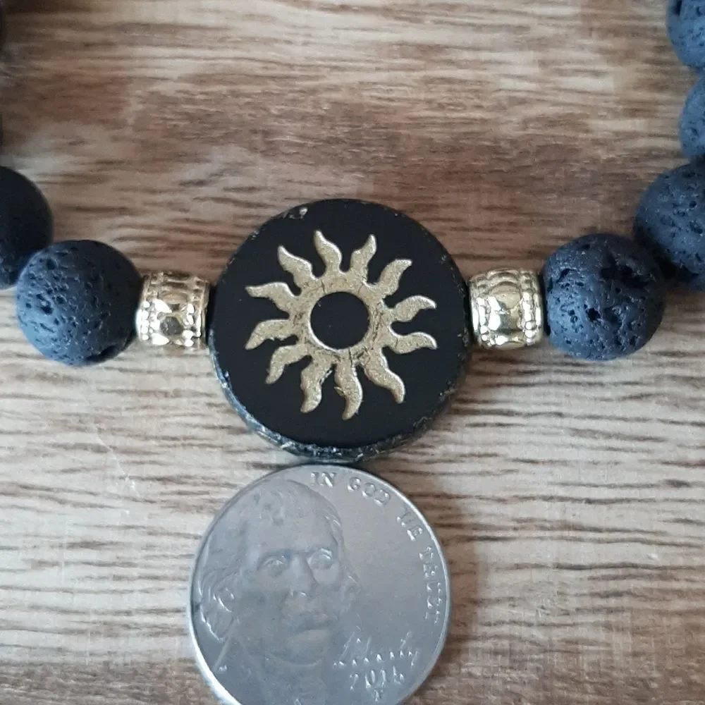 Solar Czech Glass & Lava Diffuser Stretch Bracelet